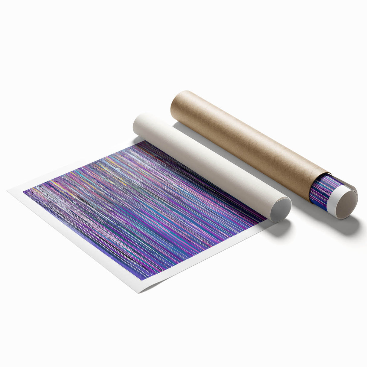 Abstract floral design rolled print showcasing vibrant colors and intricate patterns, elegantly packaged in a protective cardboard tube for safe delivery. Perfect for home decor enthusiasts seeking unique art pieces.