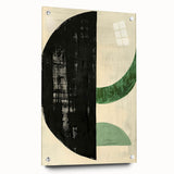 Abstract minimalist wall art displayed in a sleek acrylic frame, showcasing a series of vibrant geometric shapes. The artwork is elegantly pinned against a neutral wall, enhancing its modern aesthetic and artistic appeal.