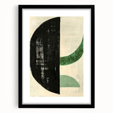 Abstract minimalist wall art framed in black with a white mat, showcasing geometric shapes and soft, muted colors, perfect for modern home decor.