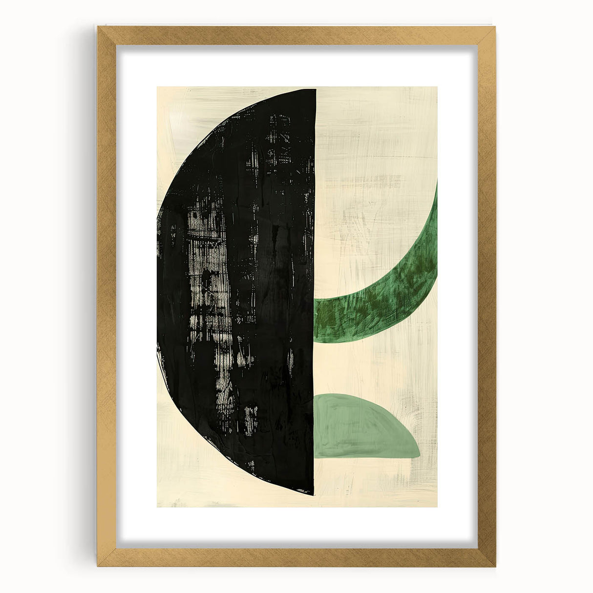Abstract minimalist wall art framed with a gold mat, showcasing geometric patterns in soft beige and cream tones, ideal for modern home decor.