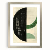 Abstract minimalist wall art framed in silver with a white mat, showcasing geometric shapes and soft colors, ideal for modern home decor.