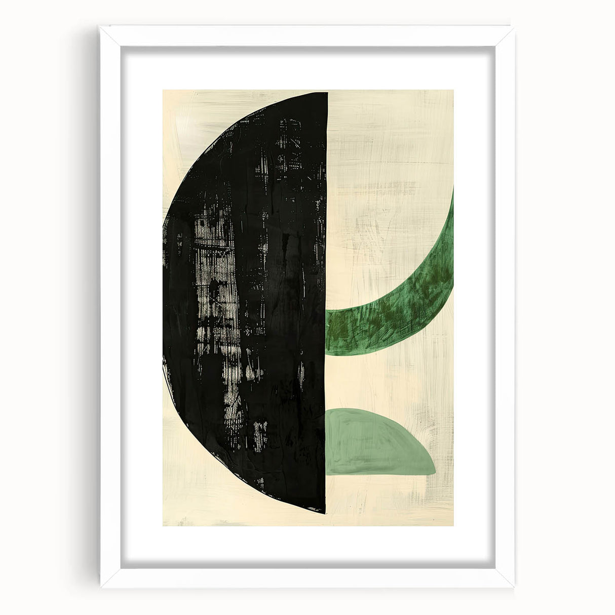 Abstract minimalist wall art framed with a white mat, showcasing soft neutral tones and geometric shapes, ideal for modern home decor and aesthetic enhancement.