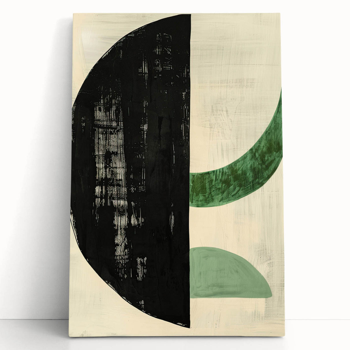 Abstract minimalist wall art on stretched canvas, featuring soft pastel colors and geometric shapes, leaning against a white wall, perfect for modern decor.