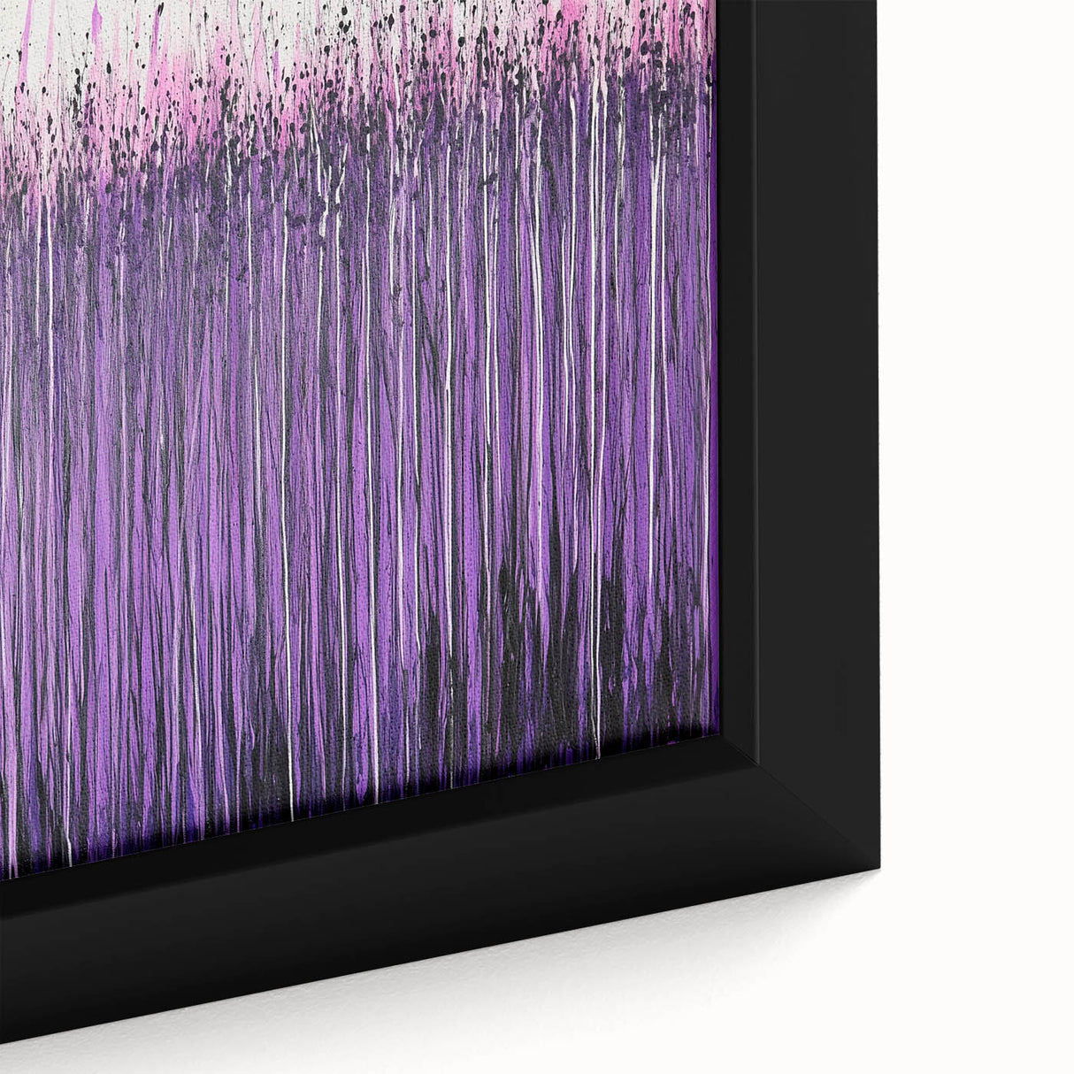Close-up of a framed canvas displaying vibrant abstract floral artwork in hues of blue, pink, and yellow, set against a textured background for a modern aesthetic.