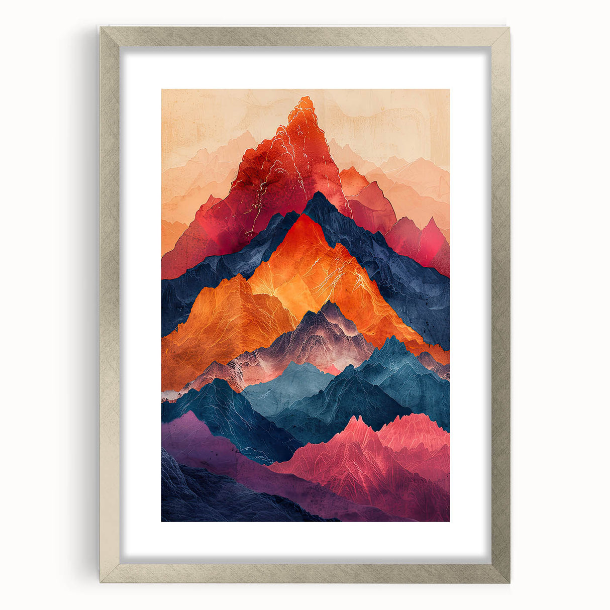 Abstract minimalist wall art in a sleek silver frame with a white mat, showcasing geometric patterns and soft color gradients, perfect for modern decor.