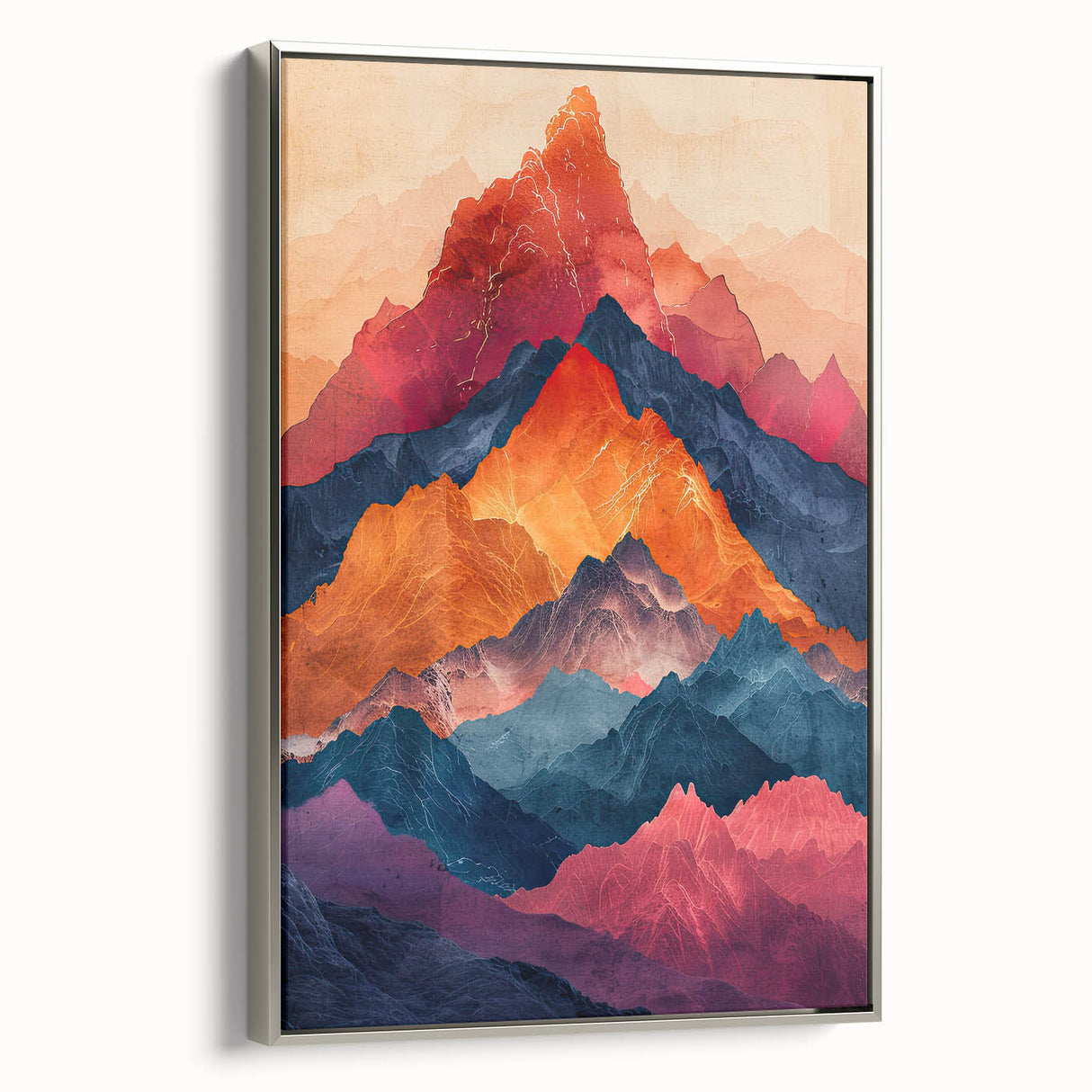 Framed abstract minimalist wall art featuring a silver color palette, showcasing a sleek side view of the canvas design, perfect for modern decor.
