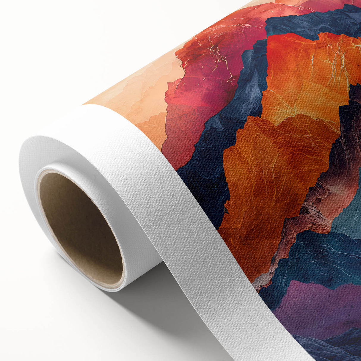 Abstract minimalist wall art on rolled canvas, showcasing soft pastel colors and geometric shapes, elegantly packaged in a durable cardboard tube for safe shipping.