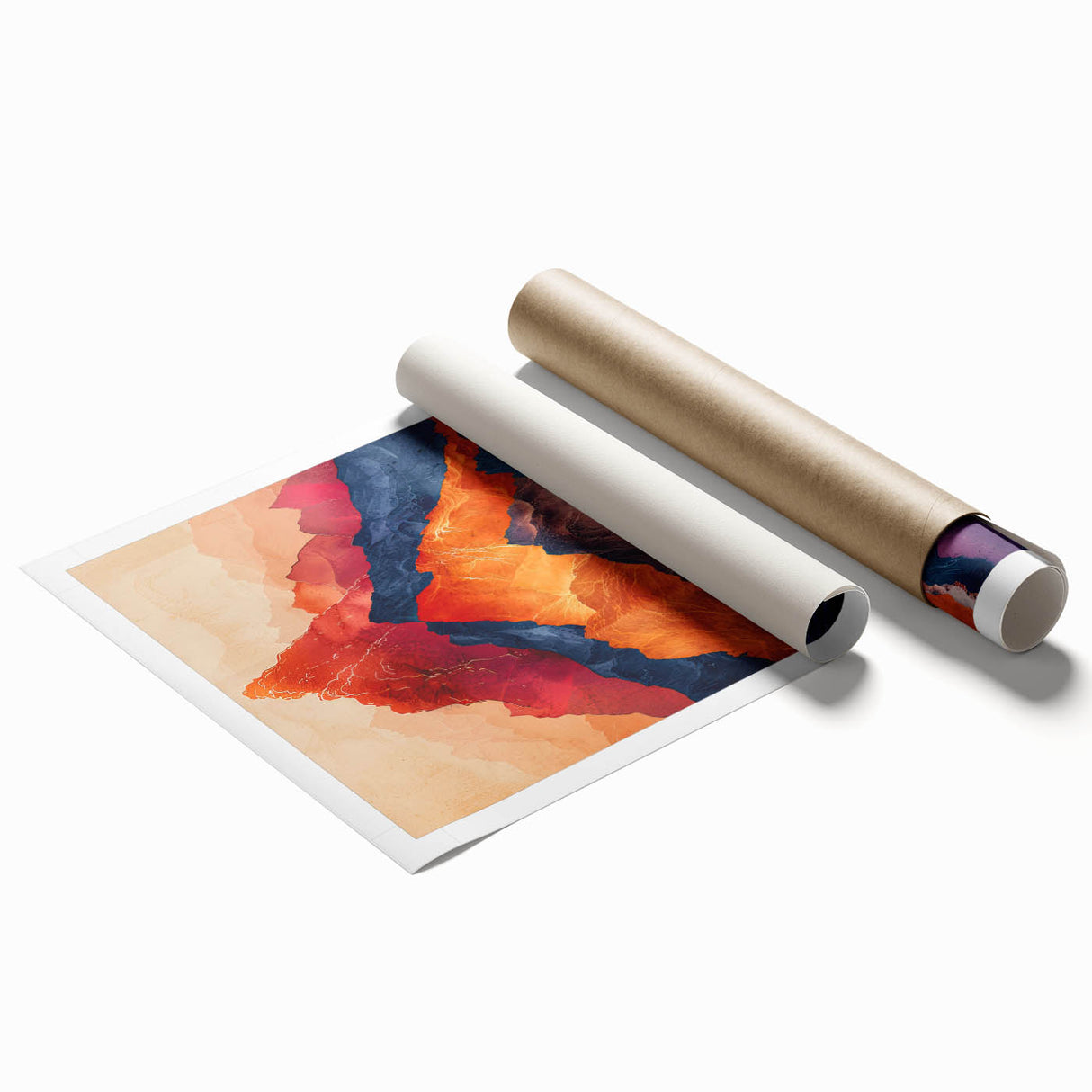 Abstract minimalist wall art print showcasing soft pastel colors in a swirling pattern, elegantly rolled and packaged in a protective cardboard tube for easy shipping.