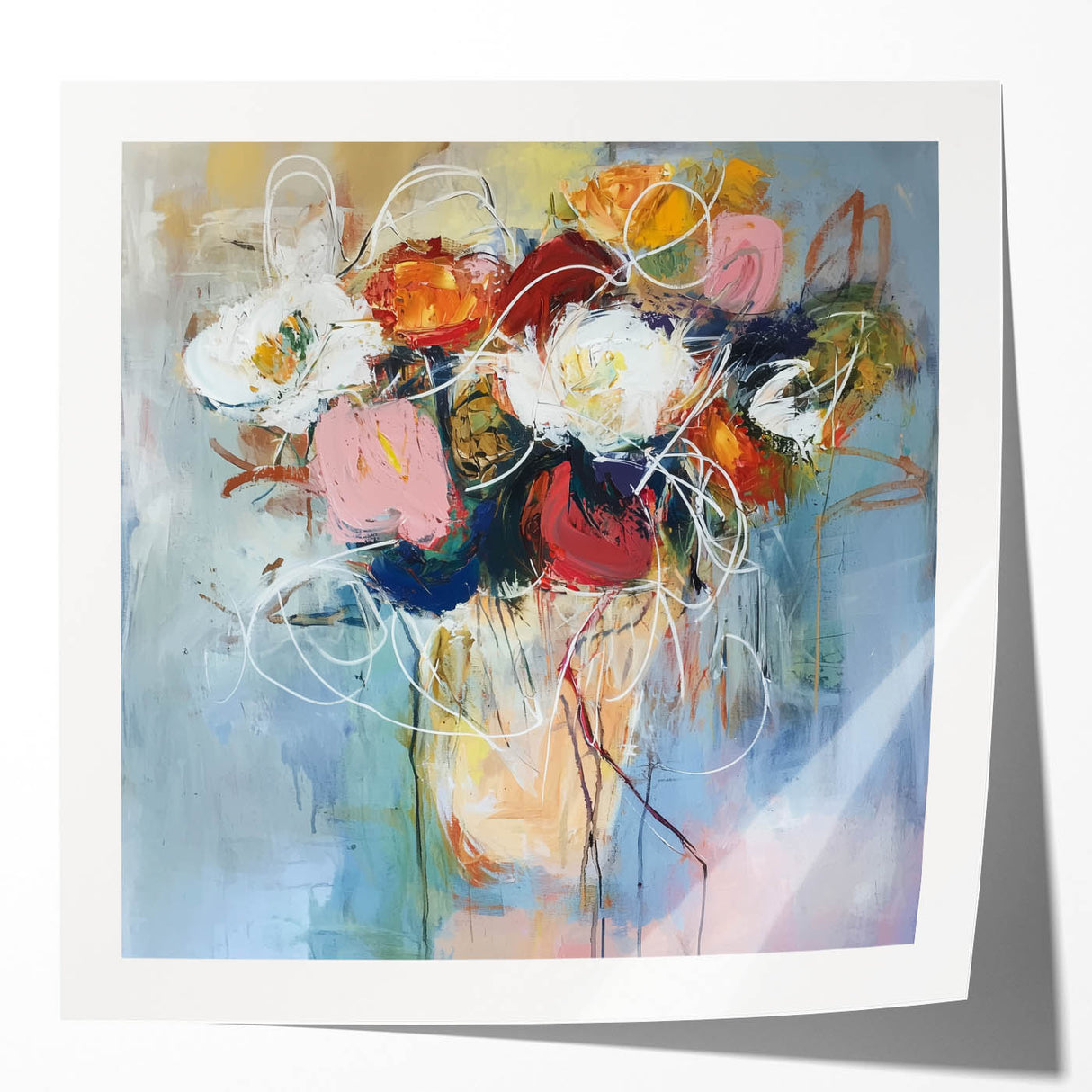 Abstract floral design print mockup showcasing vibrant colors and intricate patterns, displayed in a glossy finish, perfect for modern home decor accents.