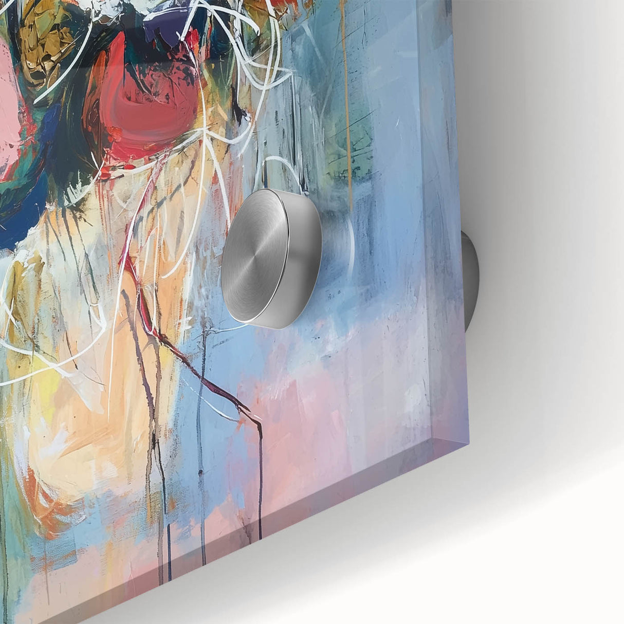 Close-up view of a vibrant abstract floral design on acrylic glass, showcasing intricate brush strokes in shades of blue, pink, and gold, perfect for modern decor.