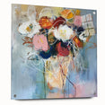 Abstract floral acrylic wall art displayed in a sleek glass frame, showcasing vibrant colors and intricate designs, ideal for modern home decor.