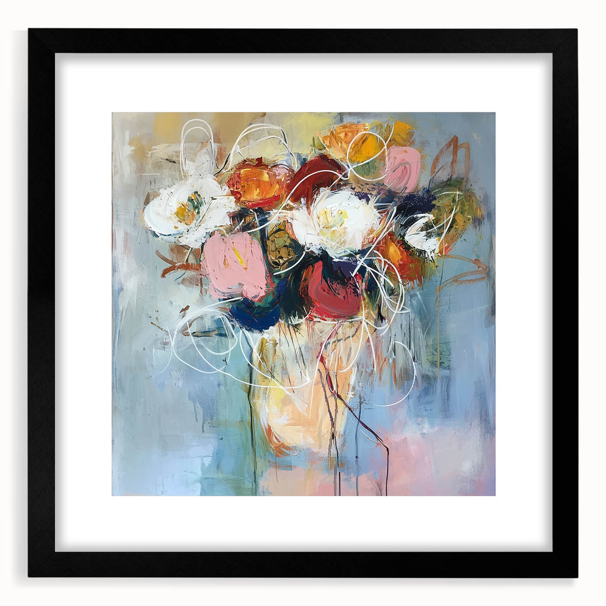 Abstract floral design framed with a matte black border, showcasing vibrant colors and intricate patterns, ideal for modern home decor and artistic enhancement.