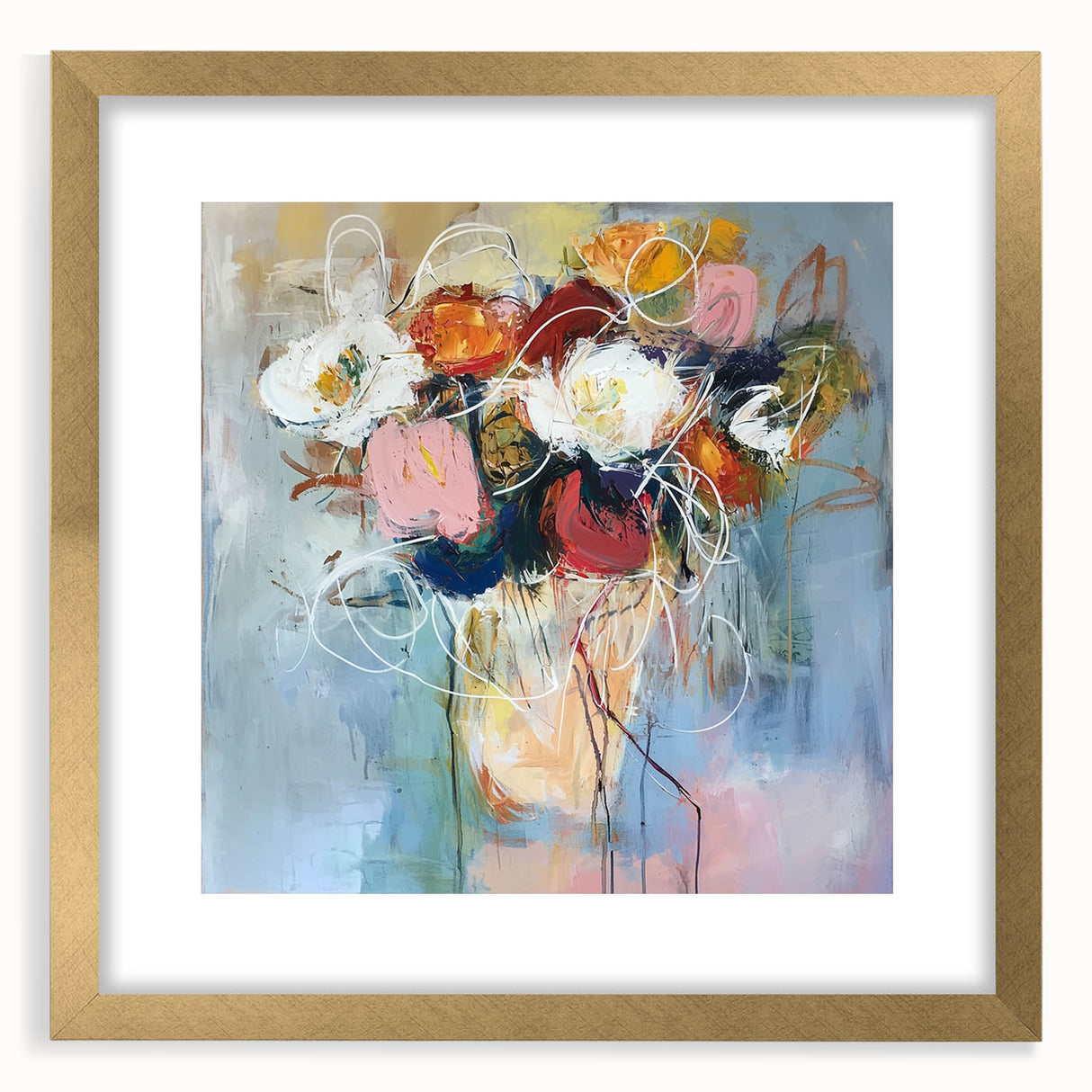 Abstract floral frame artwork with a gold mat, showcasing vibrant colors and intricate designs, ideal for modern home decor, enhancing any living space.