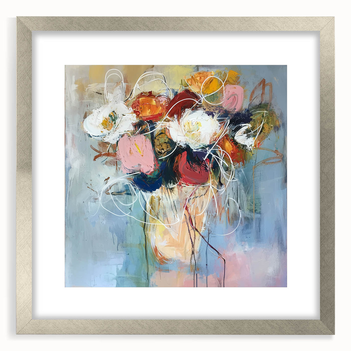 Abstract floral frame art featuring a silver mat, showcasing vibrant colors and intricate designs. Perfect for contemporary decor, adding elegance to any space.