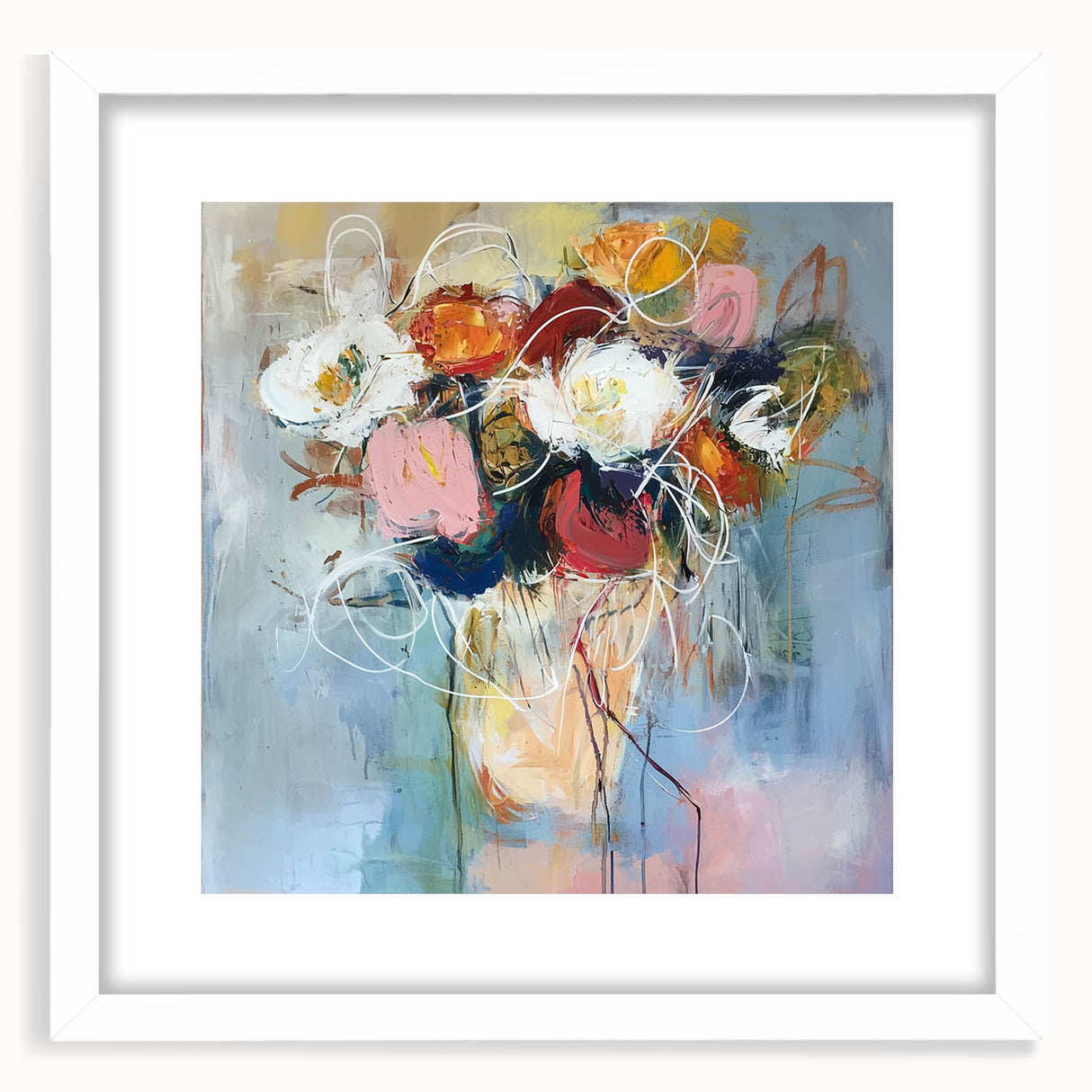 Abstract floral design framed in white mat, showcasing vibrant colors and intricate patterns, perfect for home decor or art display in modern interiors. The artwork adds a touch of elegance and style to any room setting.