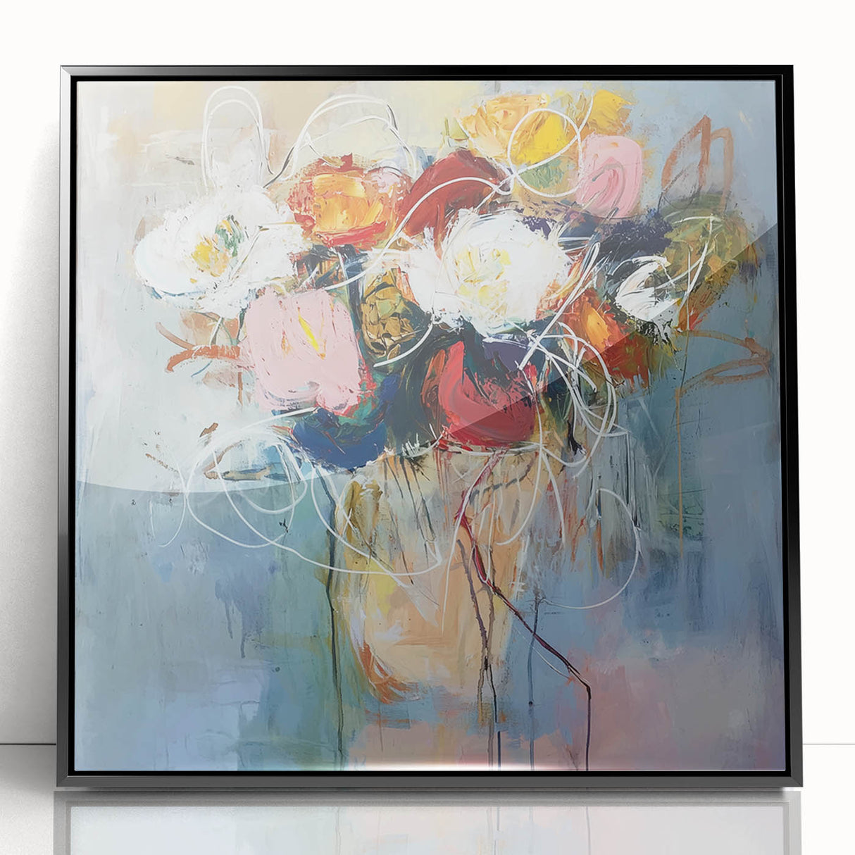 Framed acrylic artwork showcasing an abstract floral design with vibrant colors and intricate patterns, set against a sleek black frame, perfect for modern decor.