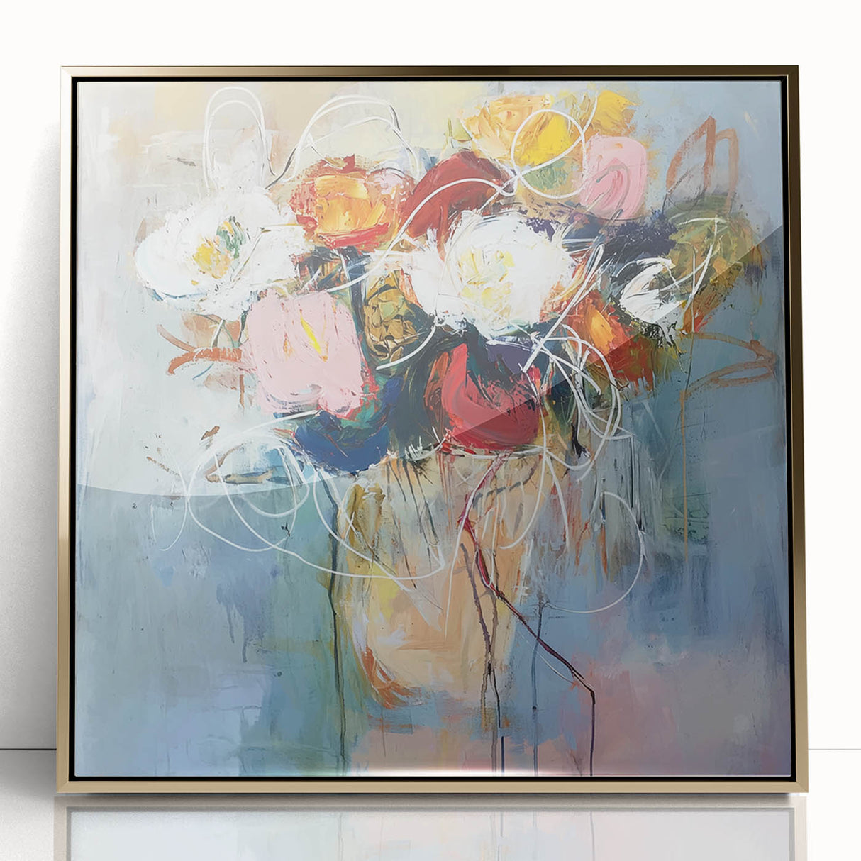 Framed acrylic artwork showcasing an abstract floral design in vibrant colors, accented with a sleek gold frame, ideal for modern home decor.