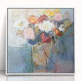 Framed acrylic artwork showcasing vibrant abstract floral designs in shades of pink, yellow, and green, presented in a modern white frame, perfect for home decor.