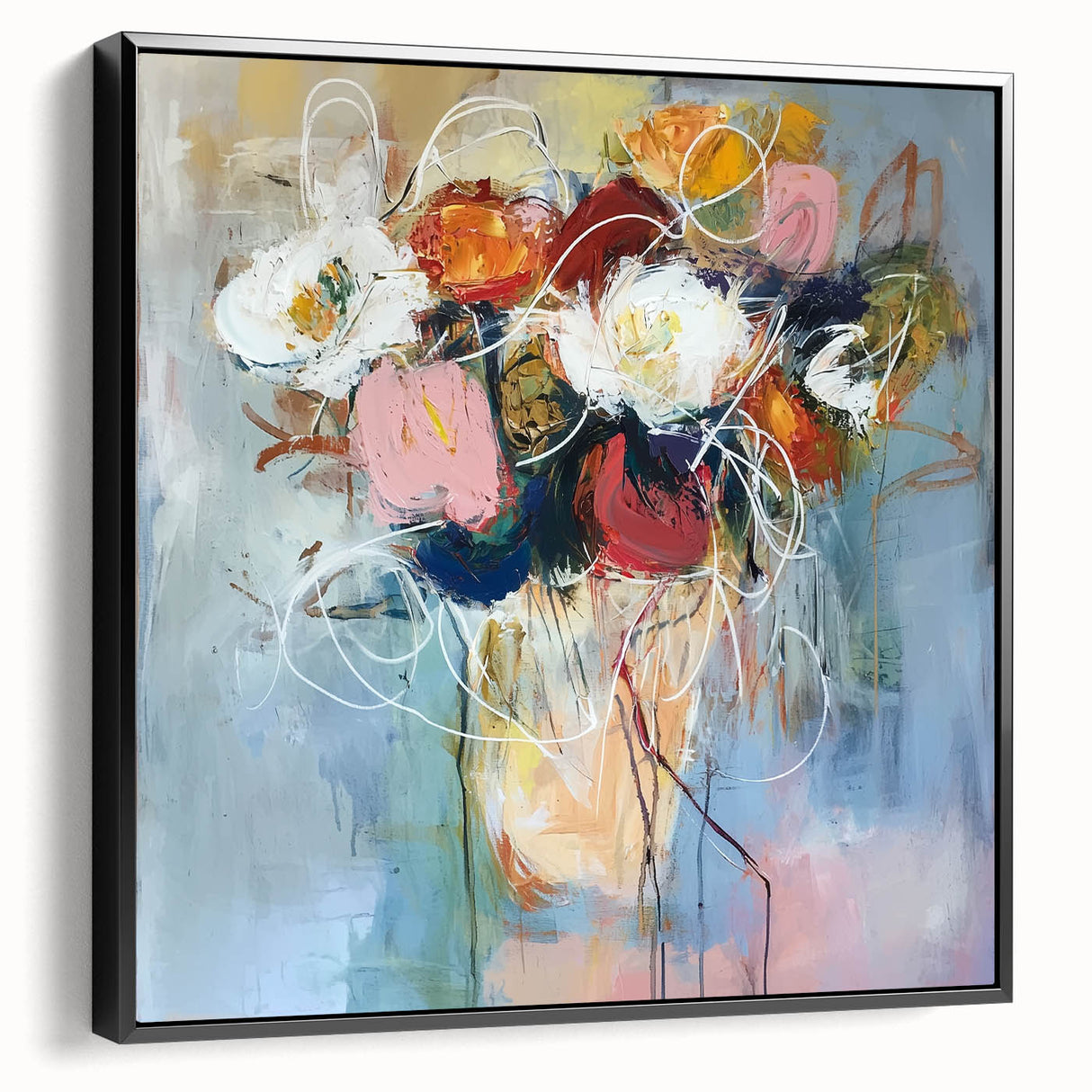 Framed canvas artwork showcasing an abstract floral design in vibrant colors, displayed from a black side view, ideal for modern home decor enhancement.
