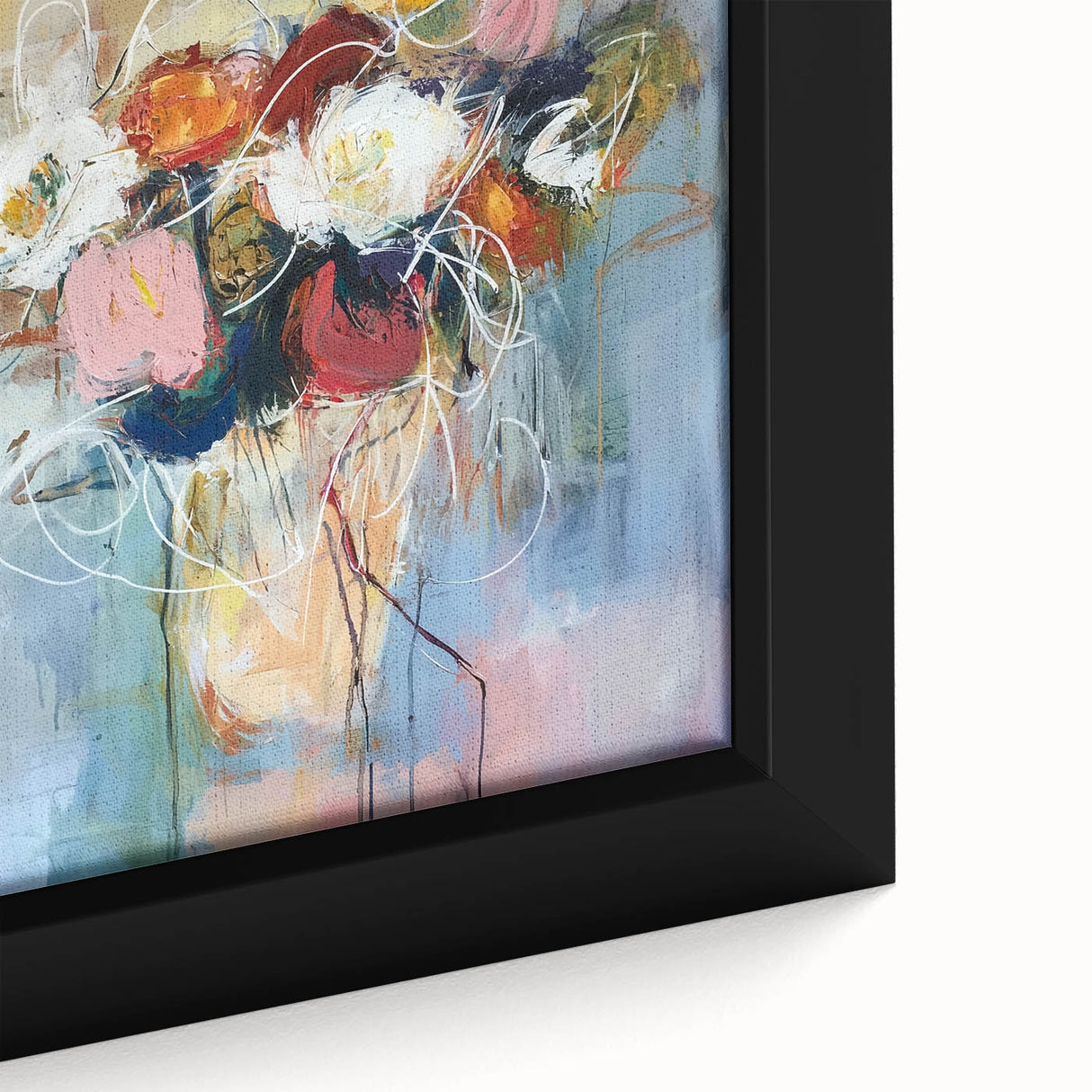 Close-up of an abstract floral framed canvas artwork showcasing vibrant colors like pink, green, and blue, ideal for modern home decor.