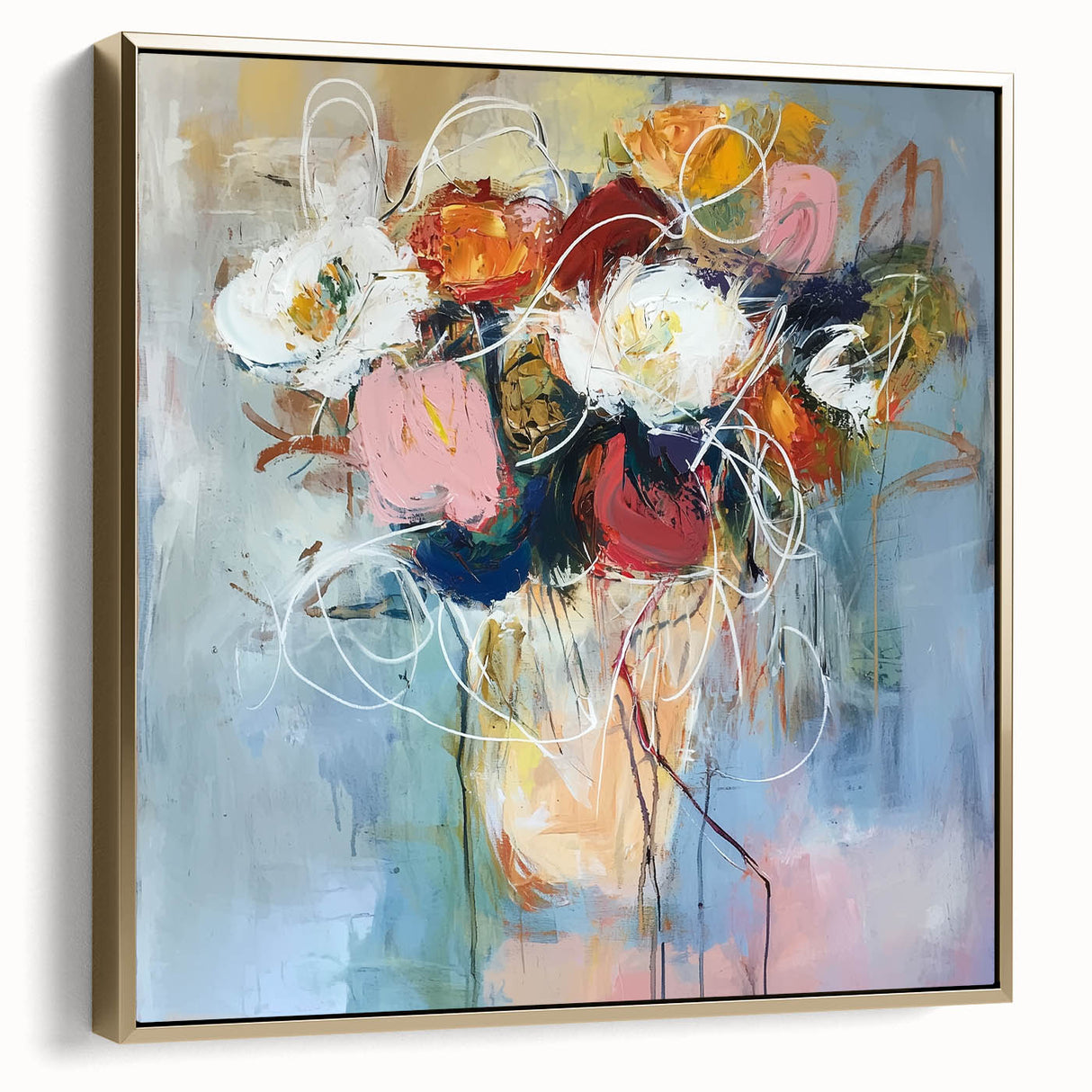 Framed canvas art featuring an abstract floral design in silver and gold tones, elegantly displayed against a modern interior setting, enhancing decor with sophistication.