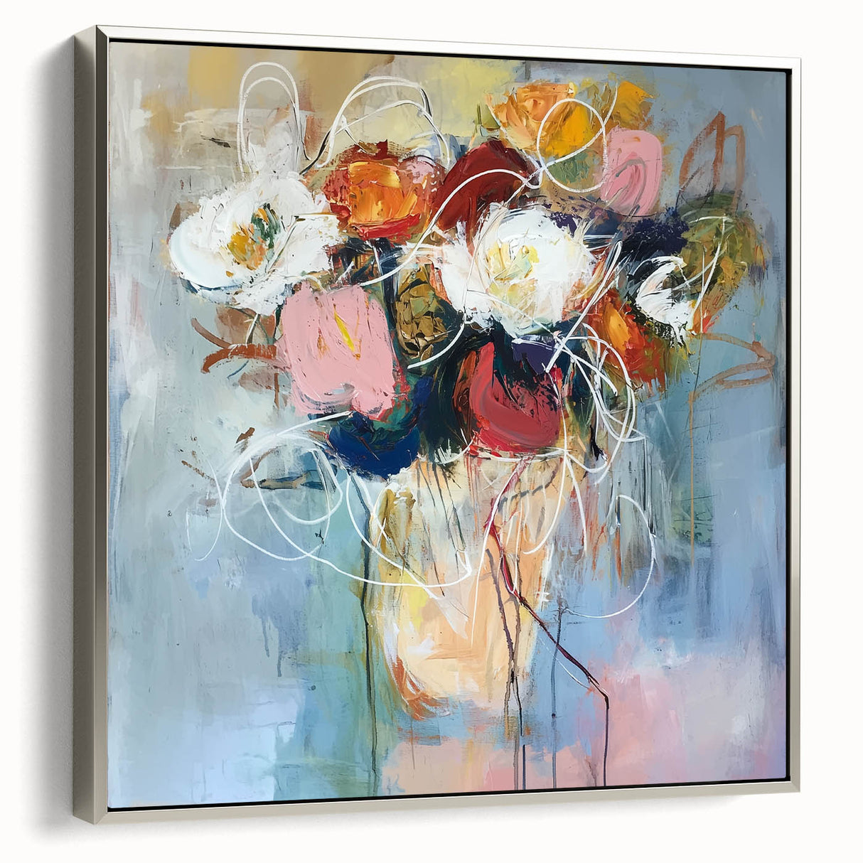 Framed canvas artwork showcasing abstract floral designs in vibrant colors, set against a sleek silver frame, perfect for modern home decor.