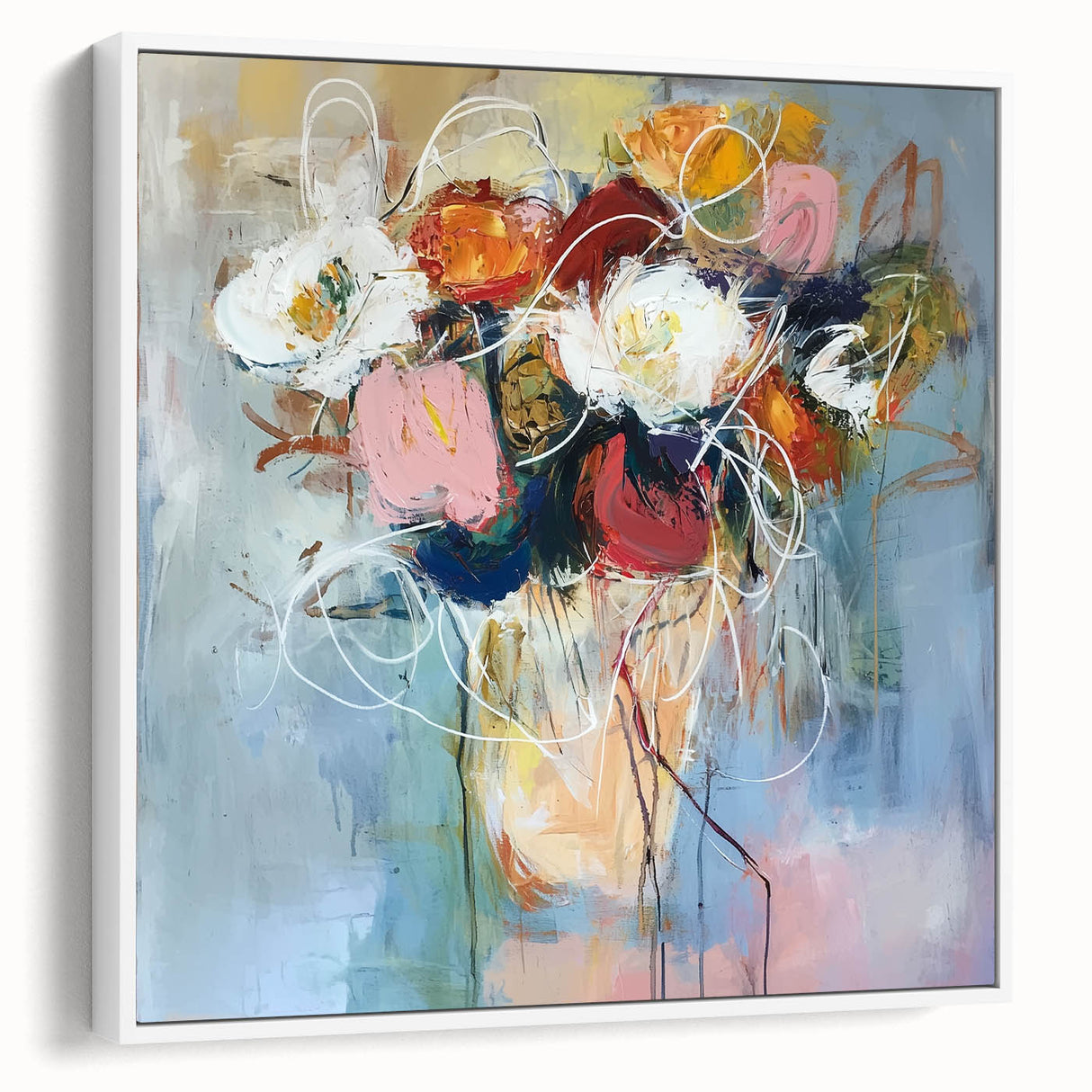Framed abstract floral canvas artwork with vibrant colors and intricate details, showcasing a modern design ideal for contemporary home decor.