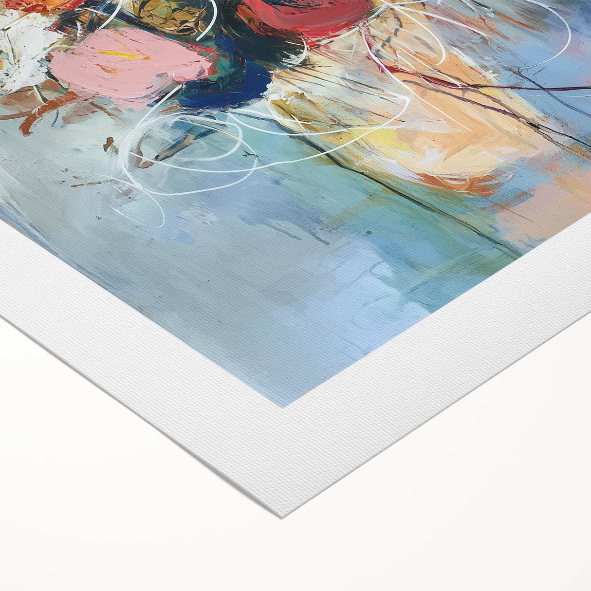 Abstract floral design on rolled canvas, showcasing vibrant colors and intricate patterns, ideal for modern home decor. Packaged securely in a protective cardboard tube.