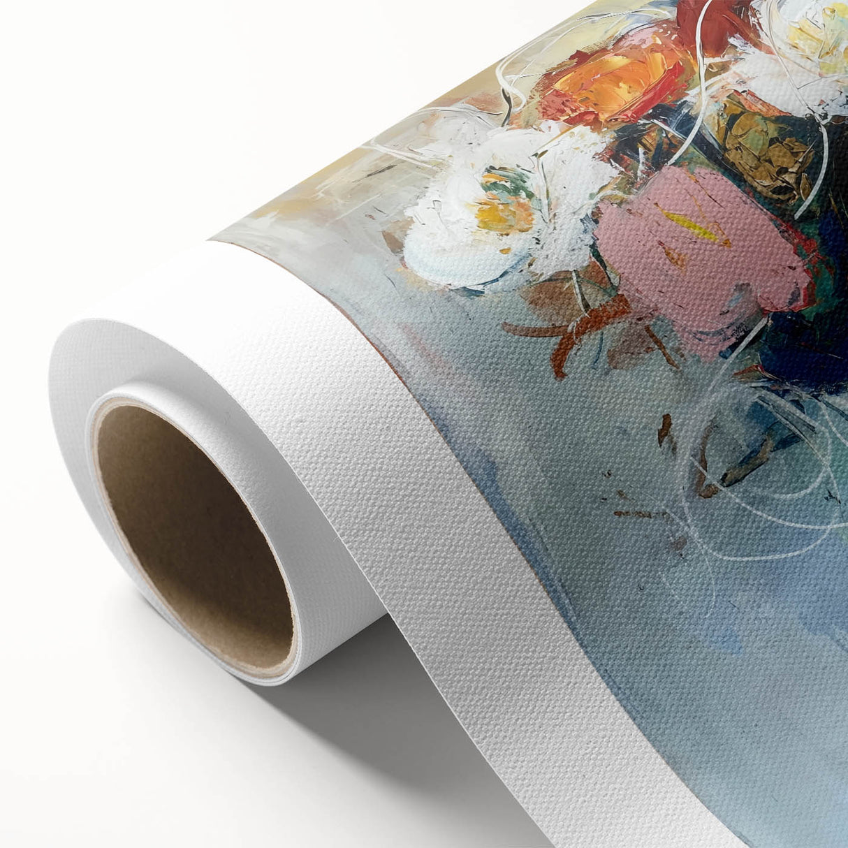 Abstract floral design on rolled canvas featuring vibrant colors of pink, green, and blue, ideal for modern home decor. Packaged securely in a cardboard tube for safe delivery and easy display.