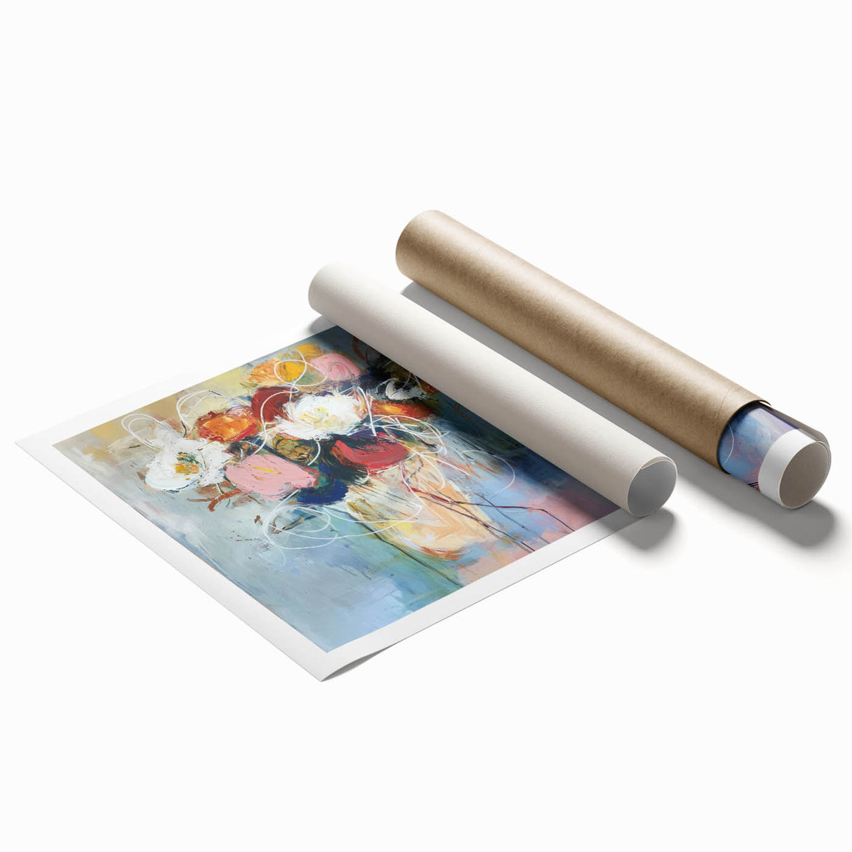 Vibrant abstract floral design on rolled canvas print showcasing rich colors and intricate patterns, perfect for home decor or artistic displays.