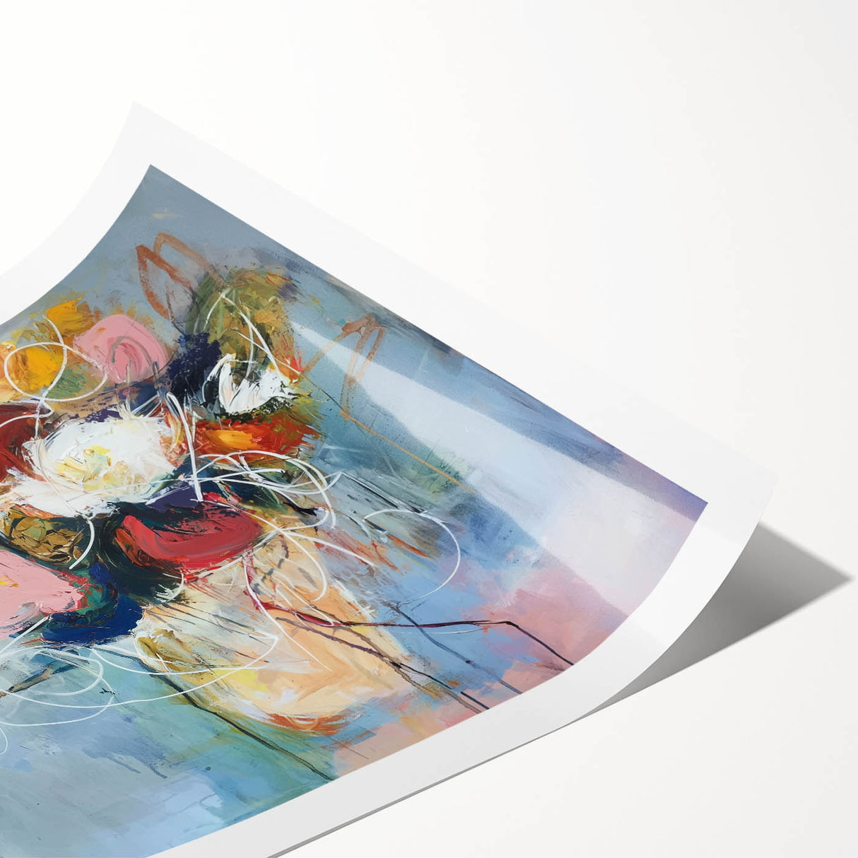 Abstract floral rolled print showcasing vibrant colors and intricate designs, elegantly packaged in a protective cardboard tube, perfect for home decor.