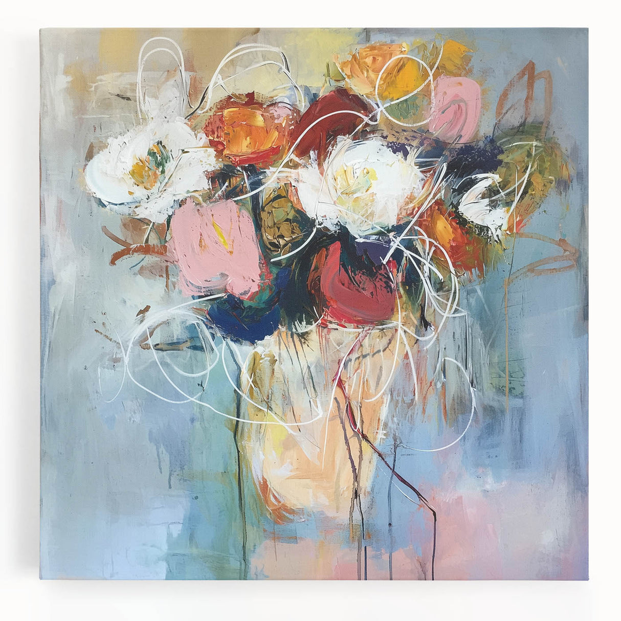 Vibrant abstract floral design on stretched canvas, showcasing bold colors and intricate patterns, perfect for brightening modern home decor.