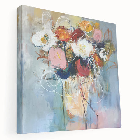 Abstract floral stretched canvas artwork showcasing vibrant colors and intricate designs, viewed from the side, perfect for modern home decor. This piece adds a lively touch to any interior space with its dynamic patterns and rich hues.