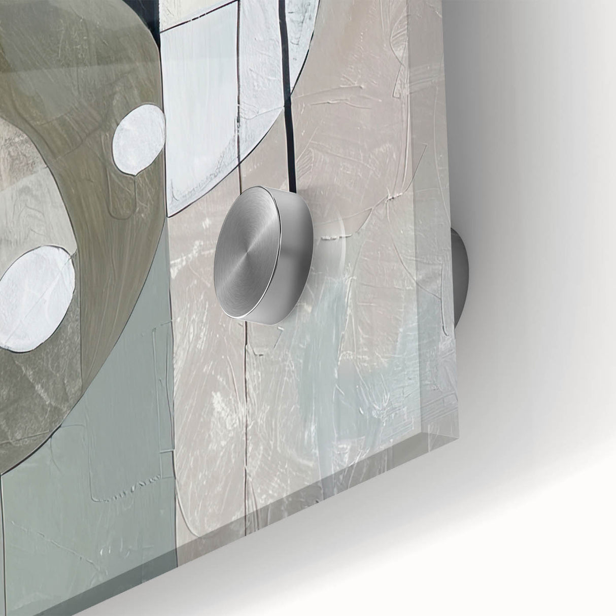 Close-up of an abstract minimalist wall art piece featuring vibrant colors and geometric shapes, designed for modern home decor, showcasing acrylic and glass textures.