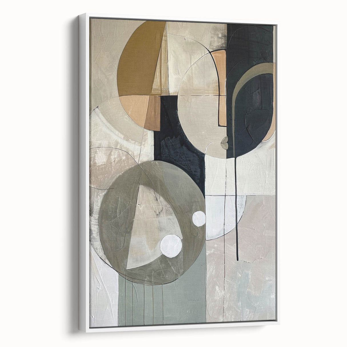 Framed abstract minimalist wall art featuring soft white tones and subtle textures, displayed from a side view, perfect for modern home decor.