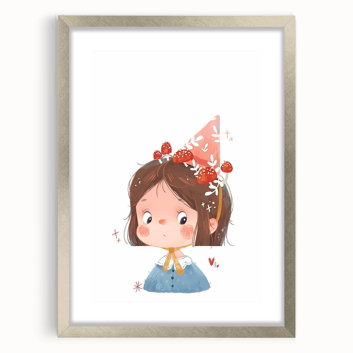Whimsical Girl with Mushroom Hat Wall Art - Storybook Nursery Print