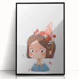 Whimsical Girl with Mushroom Hat Wall Art - Storybook Nursery Print