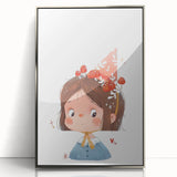 Whimsical Girl with Mushroom Hat Wall Art - Storybook Nursery Print