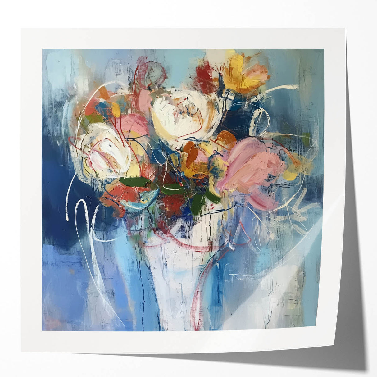 Abstract floral art print mockup showcasing vibrant colors and intricate designs on glossy paper, ideal for home decor or art display. Perfect for modern interiors.