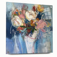 Abstract floral acrylic artwork displayed in a glass frame, showcasing vibrant colors and intricate details, ideal for modern home decor. The piece is elegantly pinned, highlighting its artistic design and craftsmanship.