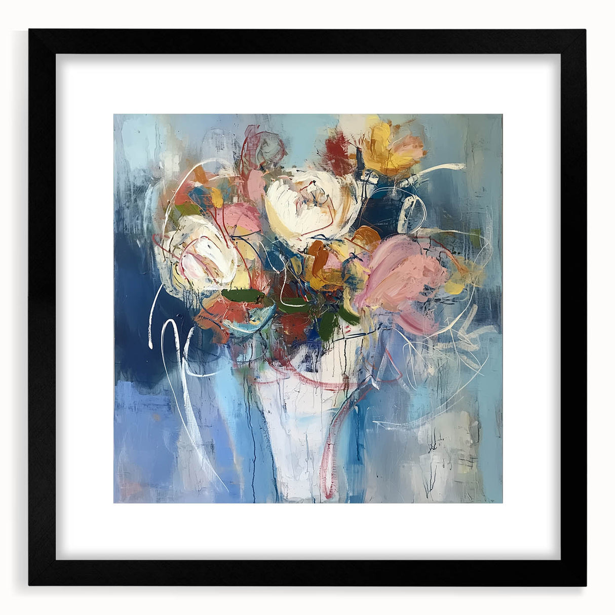 Abstract floral frame artwork with a black mat, showcasing vibrant colors and intricate patterns, ideal for modern home decor or gallery displays.