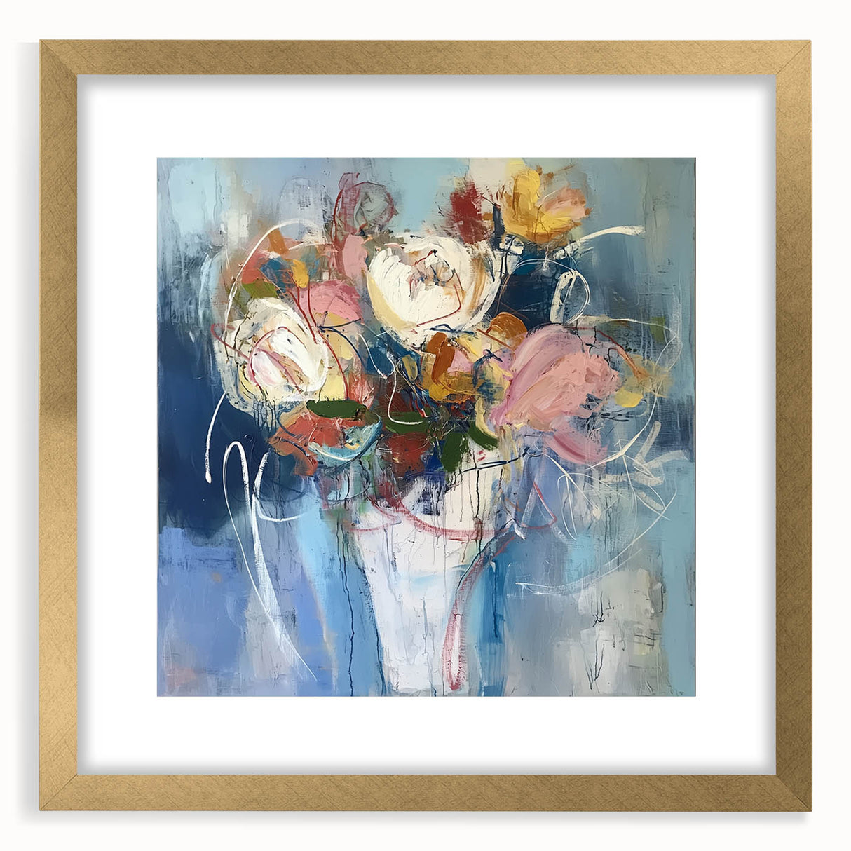 Abstract floral frame with a gold mat, showcasing vibrant colors and intricate designs, perfect for enhancing modern home decor and adding elegance to any space.