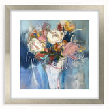 Abstract floral artwork framed in silver with a matte finish, showcasing vibrant colors and intricate details, ideal for modern home decor.