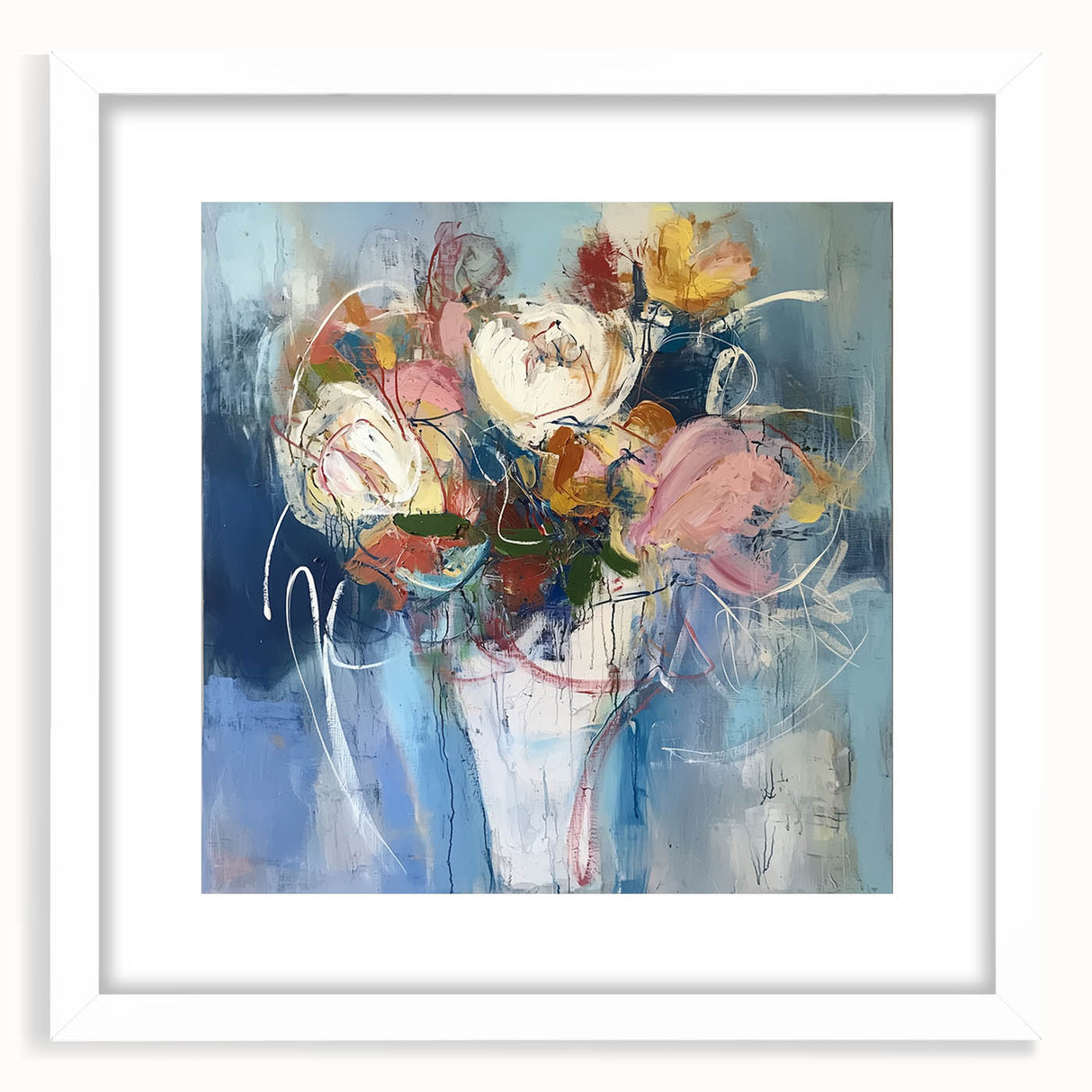 Abstract floral frame with a white mat, showcasing vibrant colors and intricate designs. Perfect for home decor or as a gift, enhancing any interior space with artistic elegance.