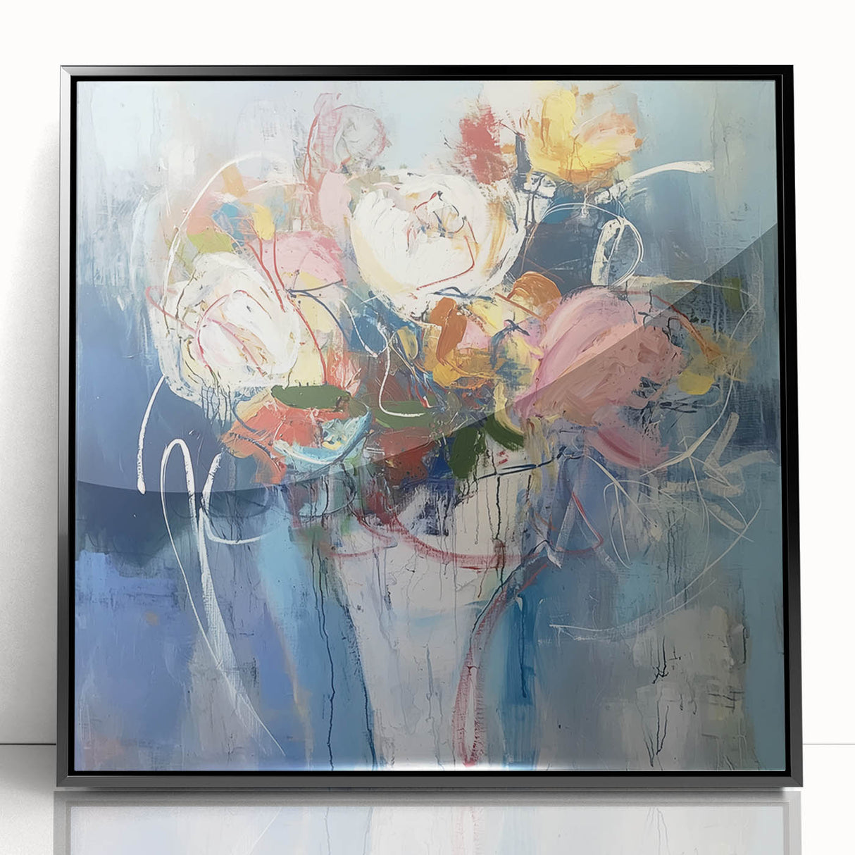 Framed acrylic artwork showcasing an abstract floral design with vibrant colors on a black background. Perfect for modern home decor or art enthusiasts seeking unique wall art.