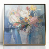 Framed acrylic artwork showcasing vibrant abstract floral designs in gold and pastel colors, perfect for modern home decor and stylish interiors.