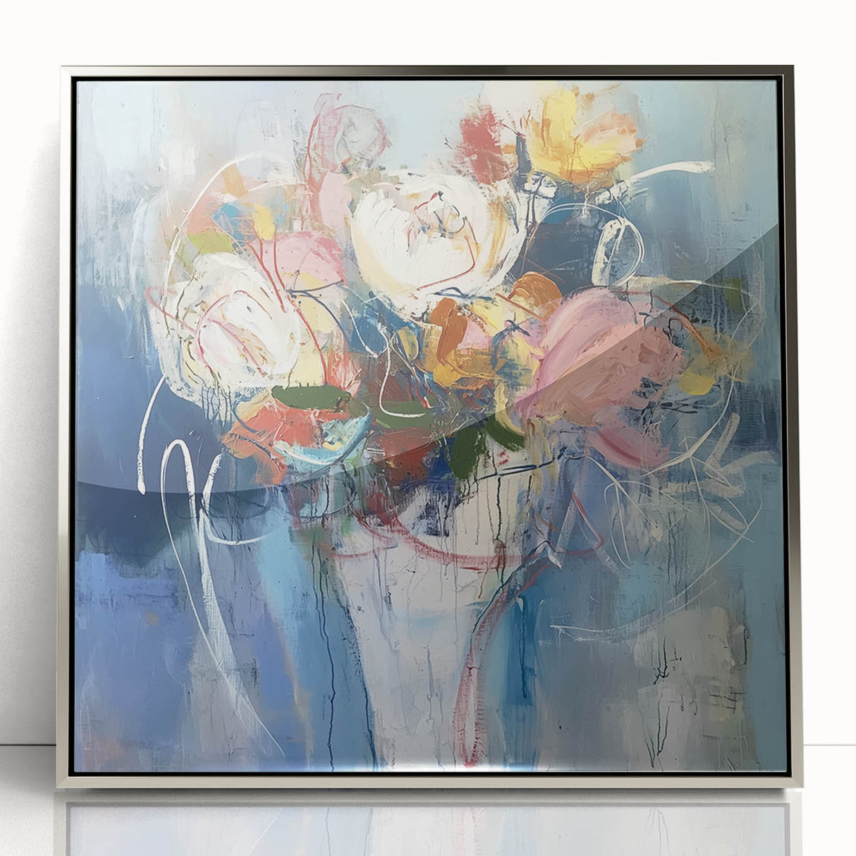 Framed acrylic artwork showcasing vibrant abstract floral designs in silver tones, perfect for modern home decor. Ideal for adding a touch of elegance to any space.