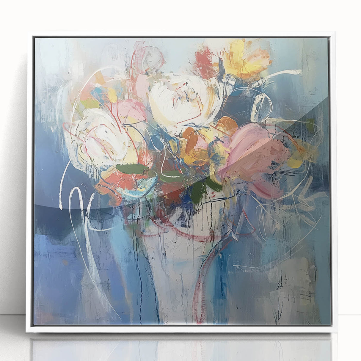 Framed acrylic artwork displaying vibrant abstract florals in shades of pink, blue, and green, set in a sleek white frame, ideal for modern home decor.