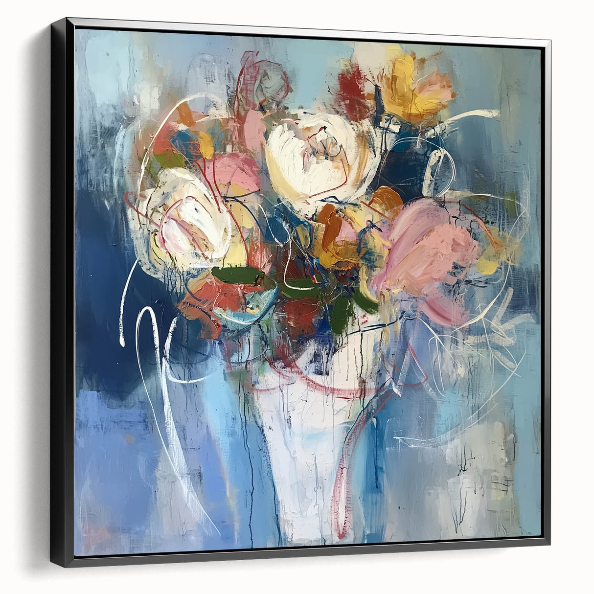 Framed canvas artwork showcasing vibrant abstract floral designs in rich colors, presented in a sleek black frame, perfect for modern home decor.