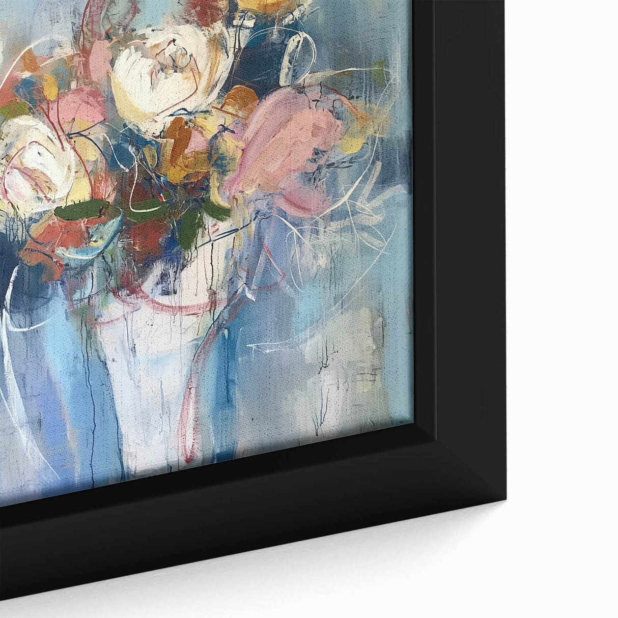 Close-up of a vibrant abstract floral framed canvas art piece, showcasing intricate colors and textures that enhance modern interior decor, perfect for home or office settings.